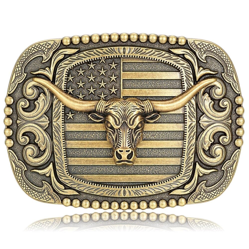 6556 Western Cowboy Belt Buckle Longhorn Bull Patriotic American Flag Belt